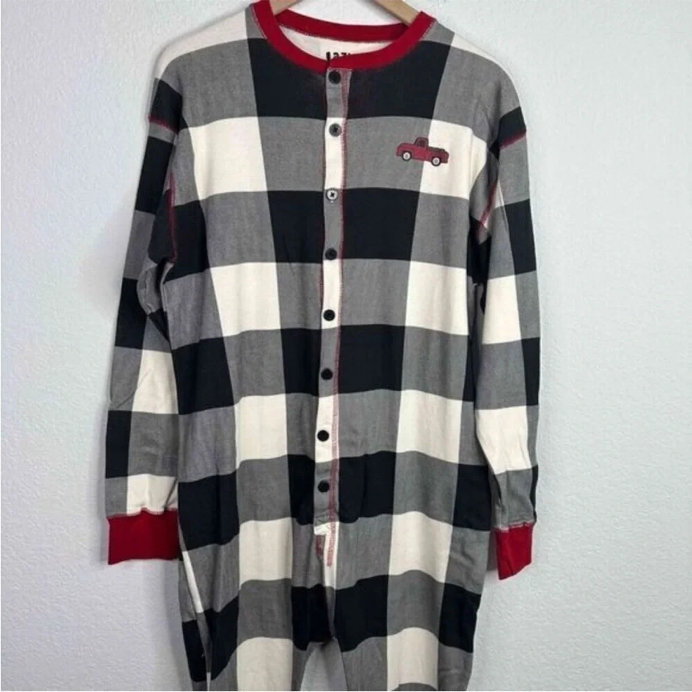 NWT LazyOne Flapjacks Black & White Plaid Onesie Jumpsuit Pajamas - Large